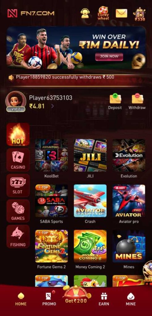 FN7 game gameplay screen with live betting and win rewards